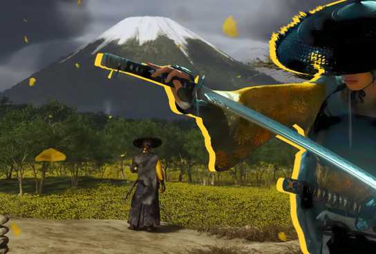 A collage featuring an image of Atsu on a background of gameplay from Ghost of Yotei